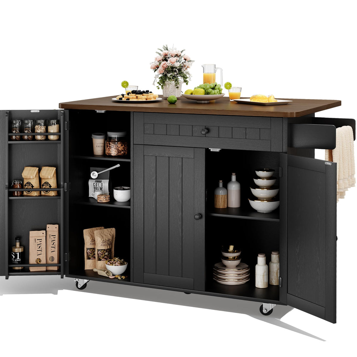 Kitchen Island with Storage, 41.7" Rolling Cart with Drop Leaf, Portable Island Table on Wheels, Spice Rack, Towel Rack and Drawer, White, 41.7" L x 29.5" W