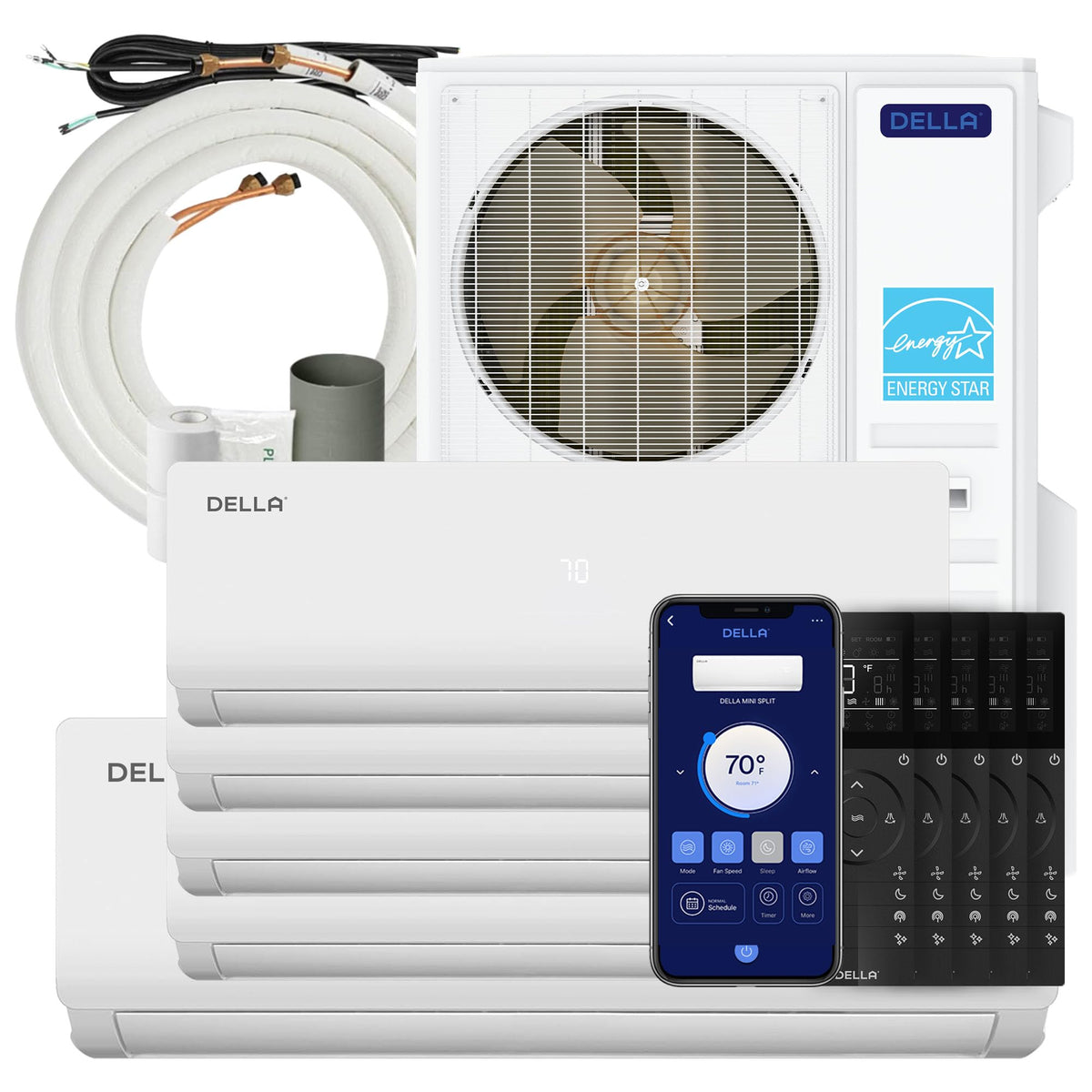 DELLA 55K BTU 5 Zone Mini Split AC (3x9K+2x18K), 22.5 SEER2, for 3200 Sq Ft