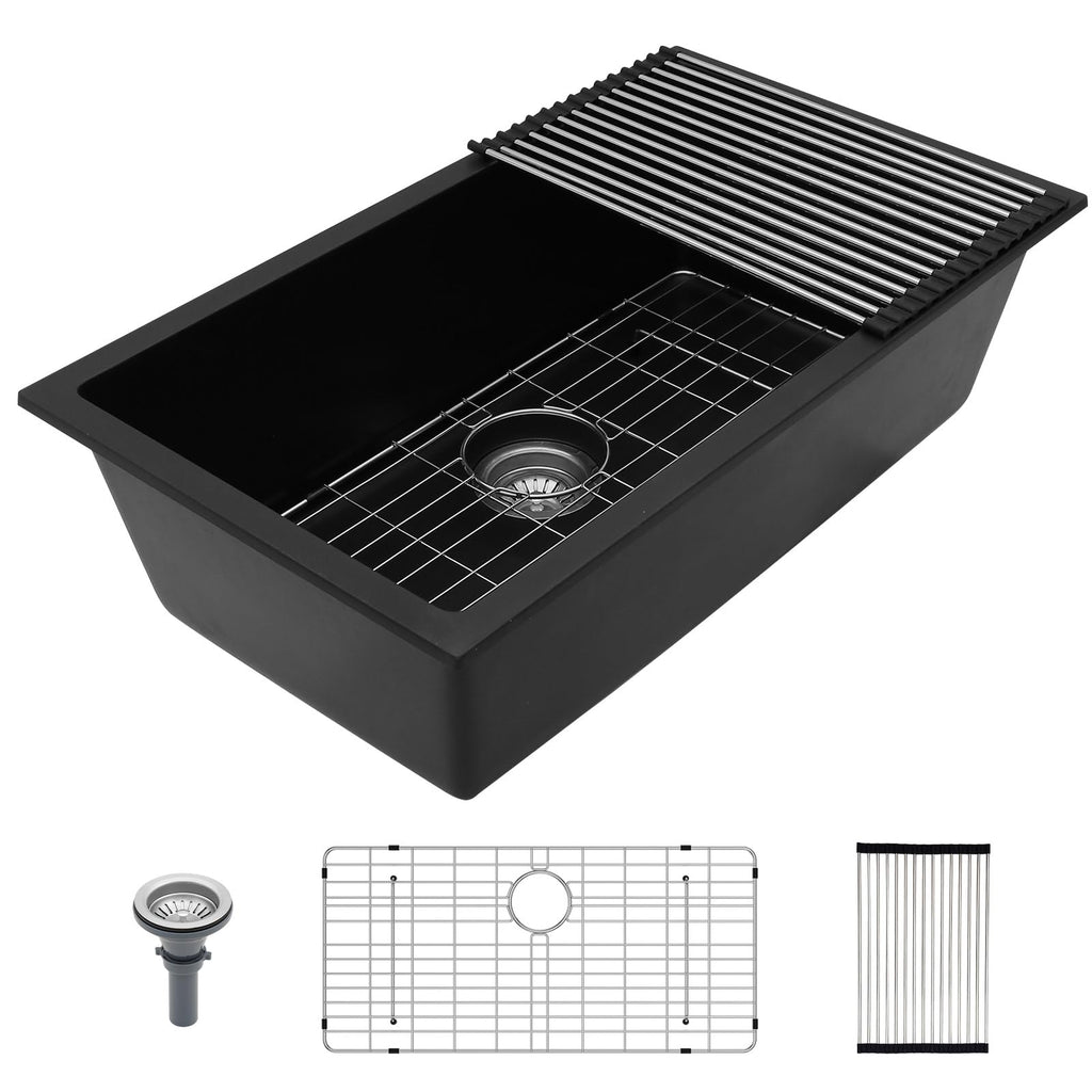 Lordear 18 Inch White Kitchen Sink Granite Composite Undermount Bar Workstation 18x18 White Quartz Sinks Under Counter Single Bowl with Classic Gold Accessories