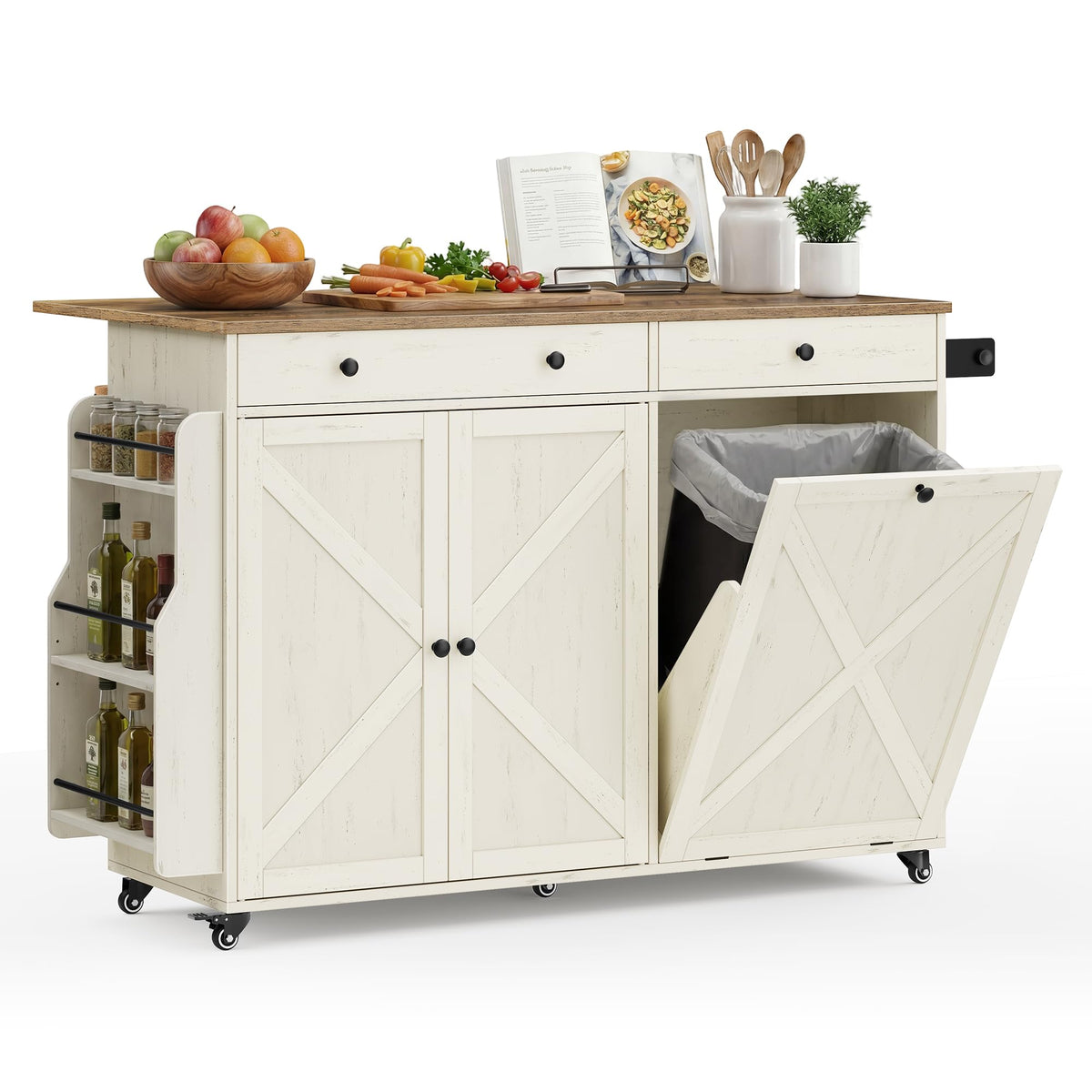 VASAGLE Mobile Kitchen Island with Trash Can Storage, Drop Leaf