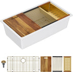 Lordear 18 Inch White Kitchen Sink Granite Composite Undermount Bar Workstation 18x18 White Quartz Sinks Under Counter Single Bowl with Classic Gold Accessories