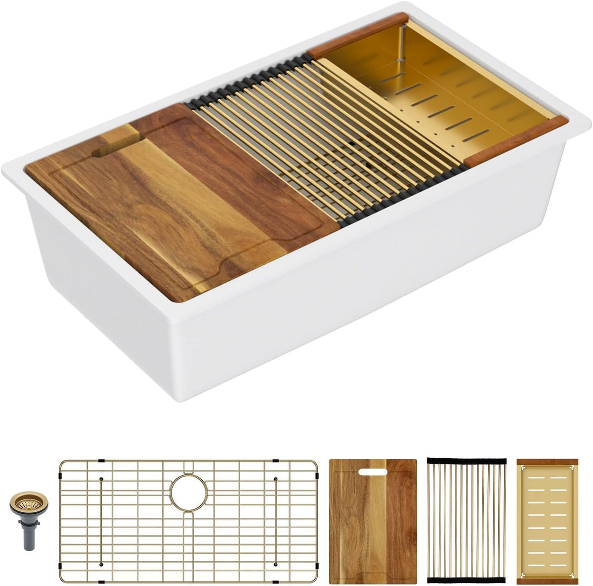 Lordear 18 Inch White Kitchen Sink Granite Composite Undermount Bar Workstation 18x18 White Quartz Sinks Under Counter Single Bowl with Classic Gold Accessories
