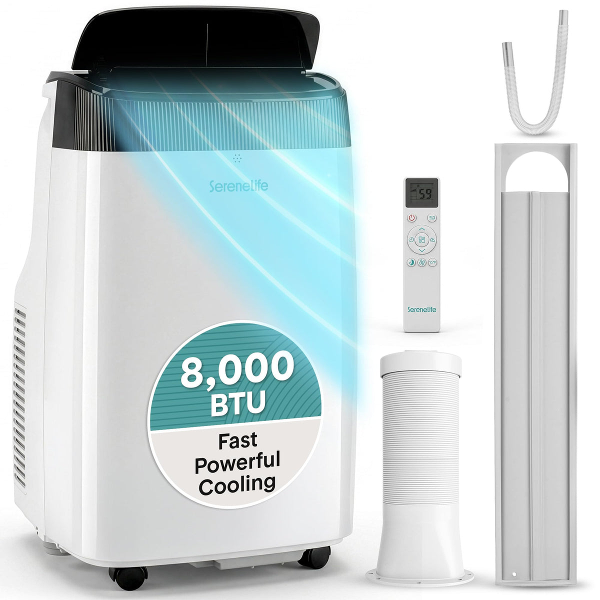 SereneLife 8000 BTU Portable Air Conditioner with Heat, Compact 4-in-1 Portable AC & Heater for Room Up to 350 Sq Ft with Dehumidifier & Fan Function, Remote Control, Window Mount Kit, 13" x 11" x 26"