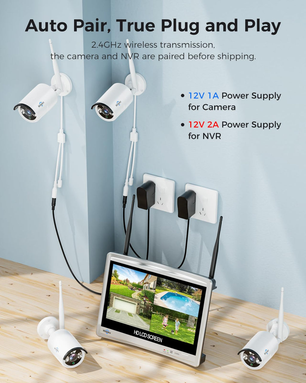 Hiseeu Home Security System, 24/7 Recording 5MP Wired Plug-in Powered Outdoor Bullet Cameras, 2.4G/5G WiFi Pro, 4K NVR with 12" LCD Monitor, 3TB HDD, Night Vision, IP65