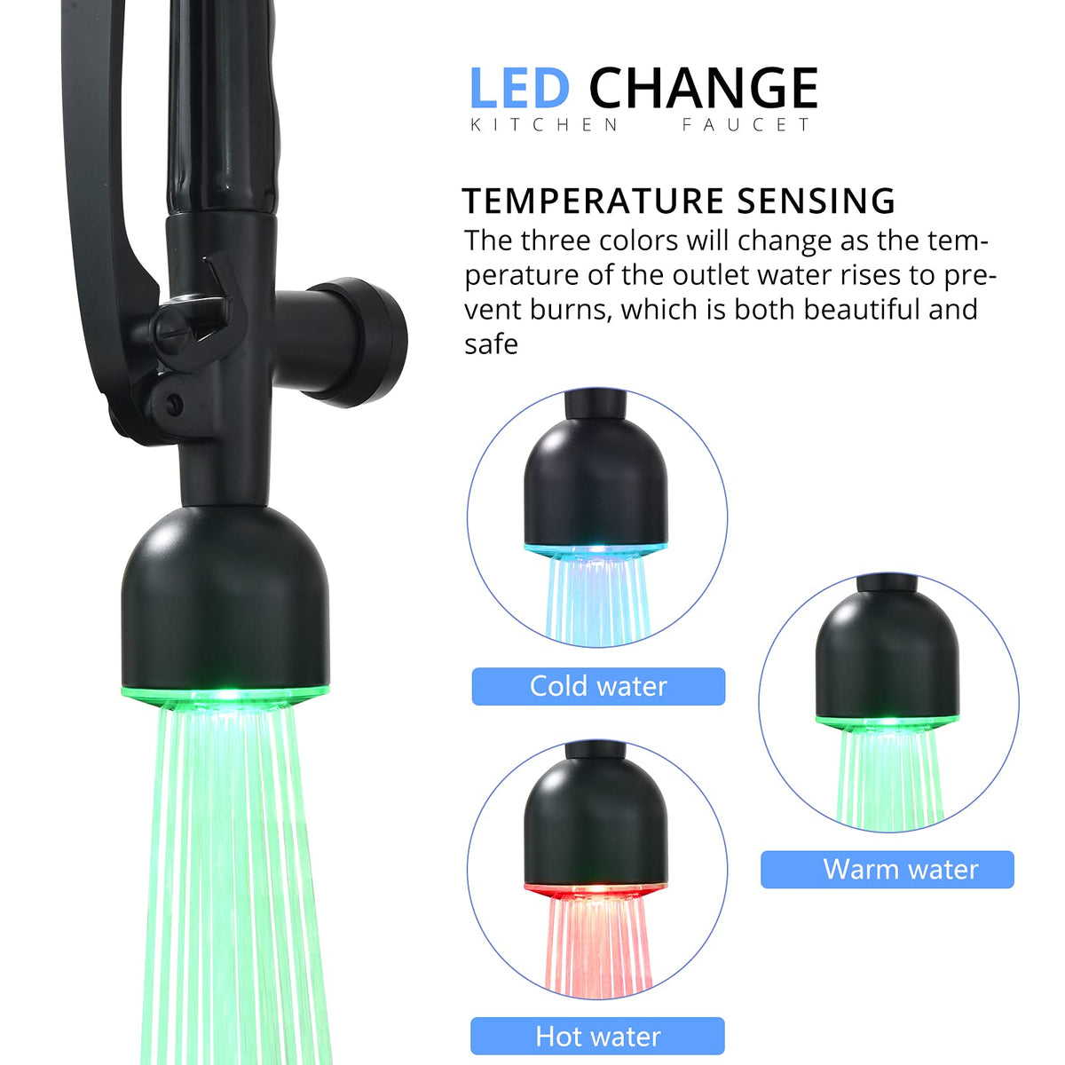 Fapully Black Kitchen Faucet with Pull Down Sprayer,Commercial LED Kitchen Faucet,Single Handle Single Hole Kitchen Sink Faucets