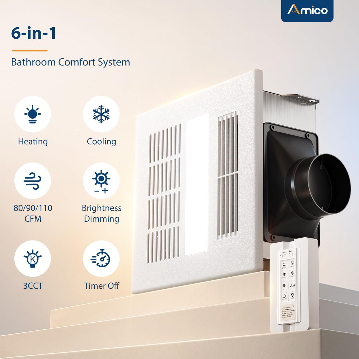 Amico Bathroom Exhaust Fan with Light and Heater, 80-90-110 CFM, 3CCT, ETL