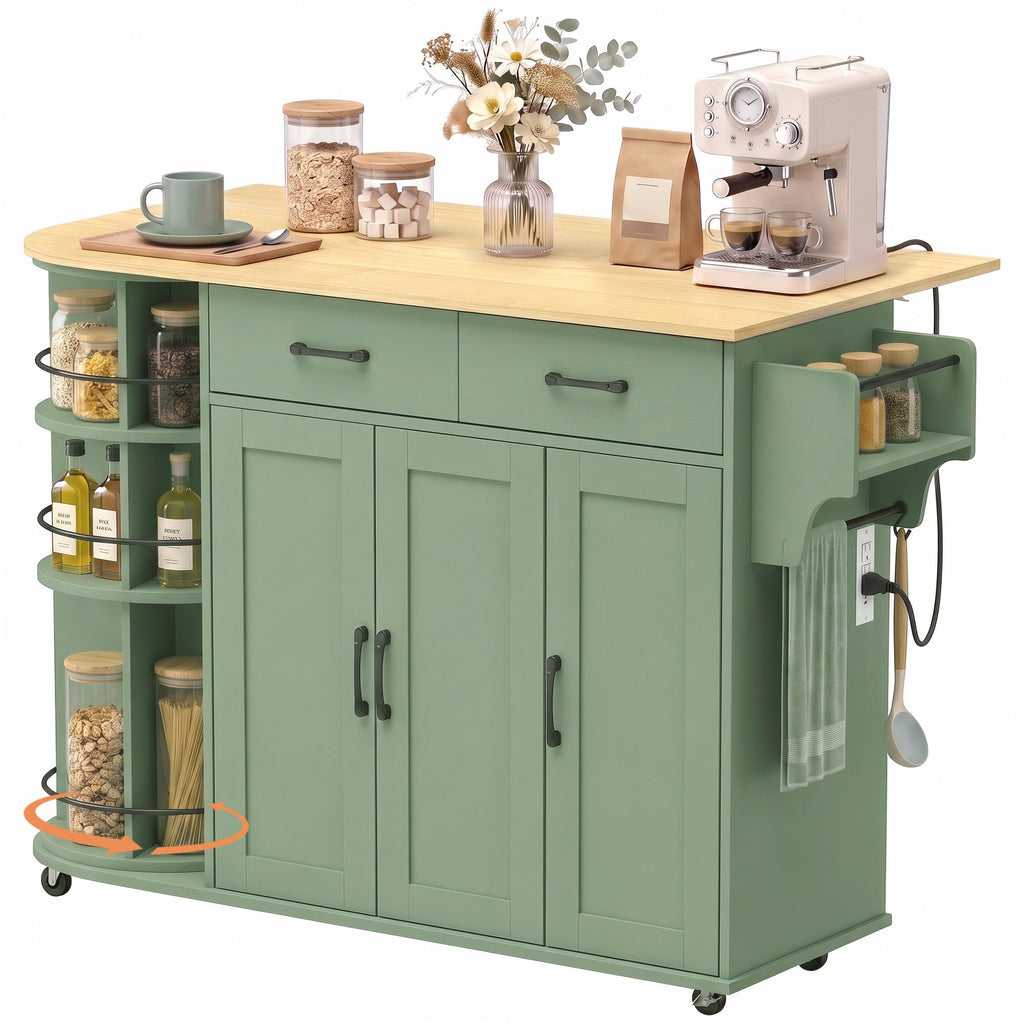 HOMCOM 53" Rolling Kitchen Island with Power Outlet, Storage, Sage Green