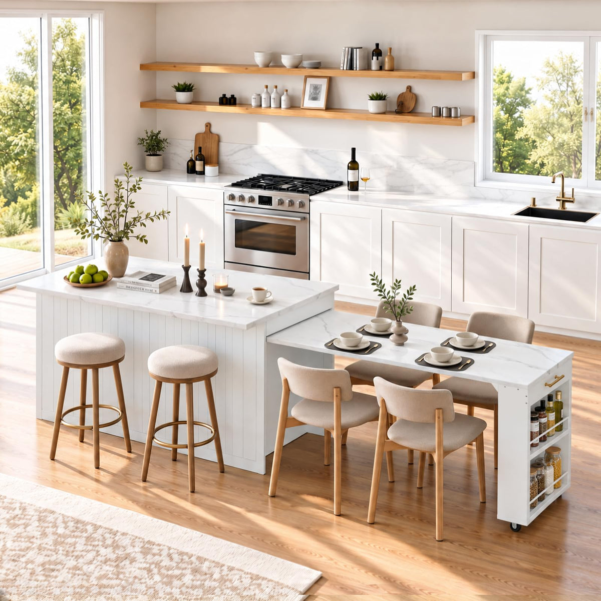 59"-103" Kitchen Island with Extendable Dining Table, White
