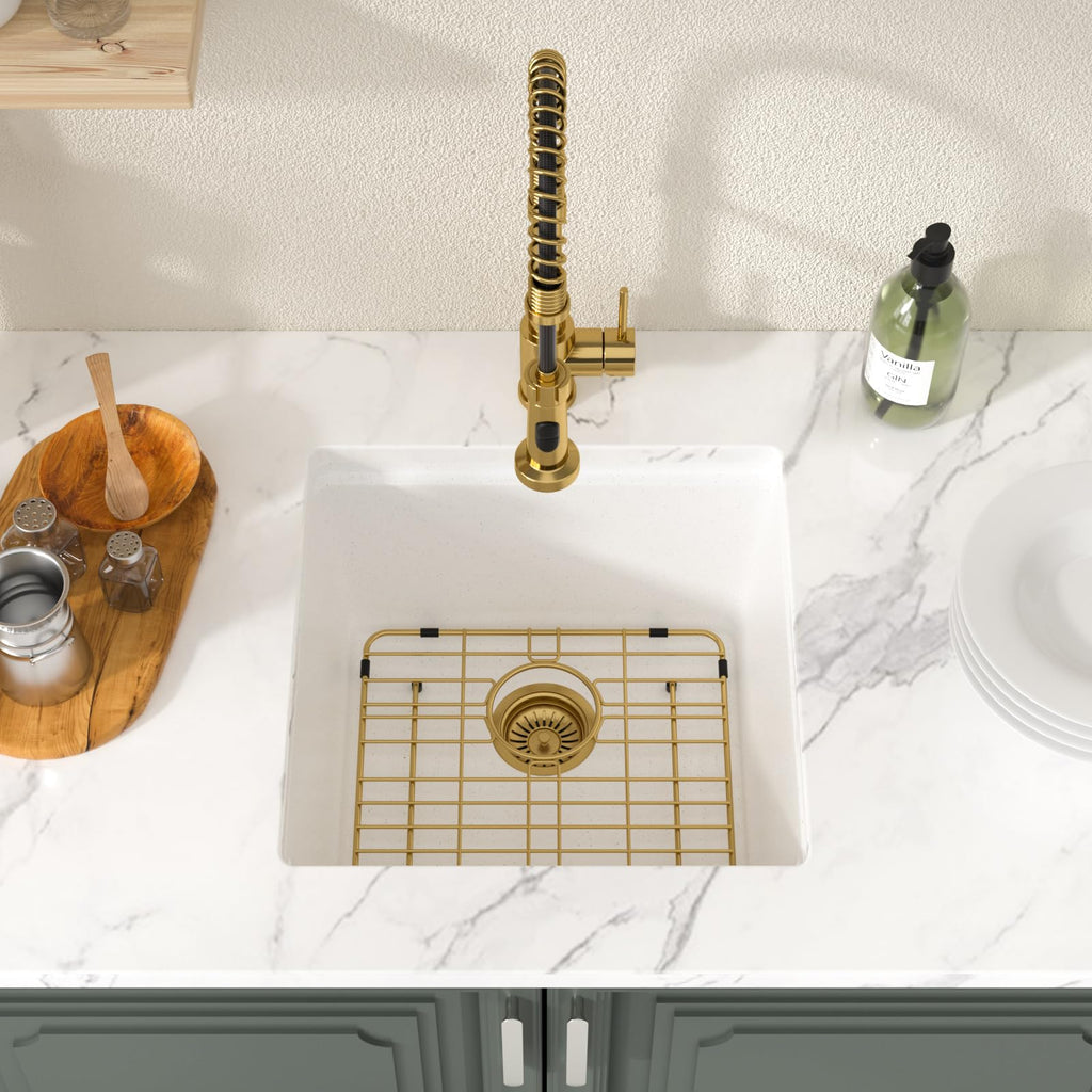 Lordear 18 Inch White Kitchen Sink Granite Composite Undermount Bar Workstation 18x18 White Quartz Sinks Under Counter Single Bowl with Classic Gold Accessories