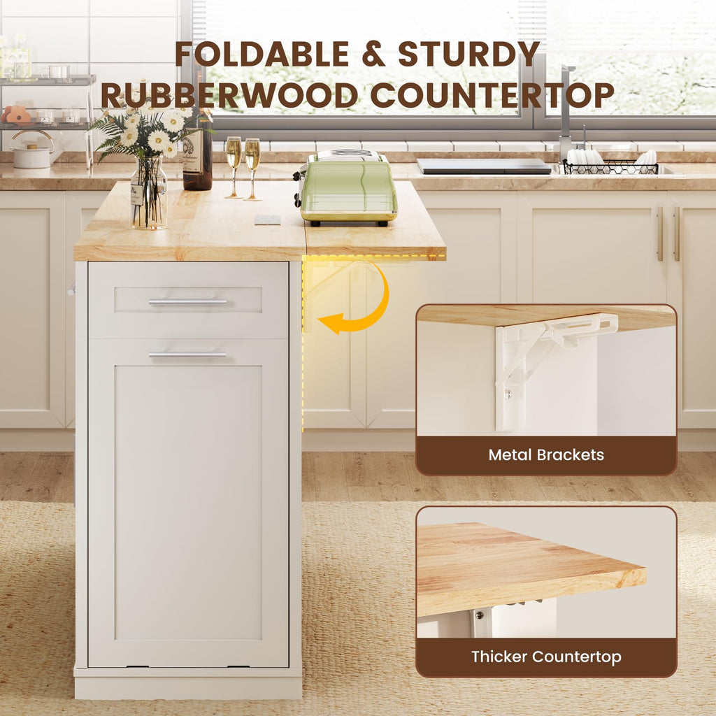 Dripex 53'' Rolling Kitchen Island with Power Outlet, Drop Leaf & Trash Can