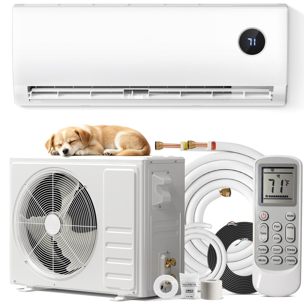 Mini Split AC with Heat Pump, Ductless Mini Split Air Conditioner Heat System with Quiet Operation, All-In-One Kit, 24H Timer, 115V, 19 SEER2 Energy Efficient for 750 Sq.Ft