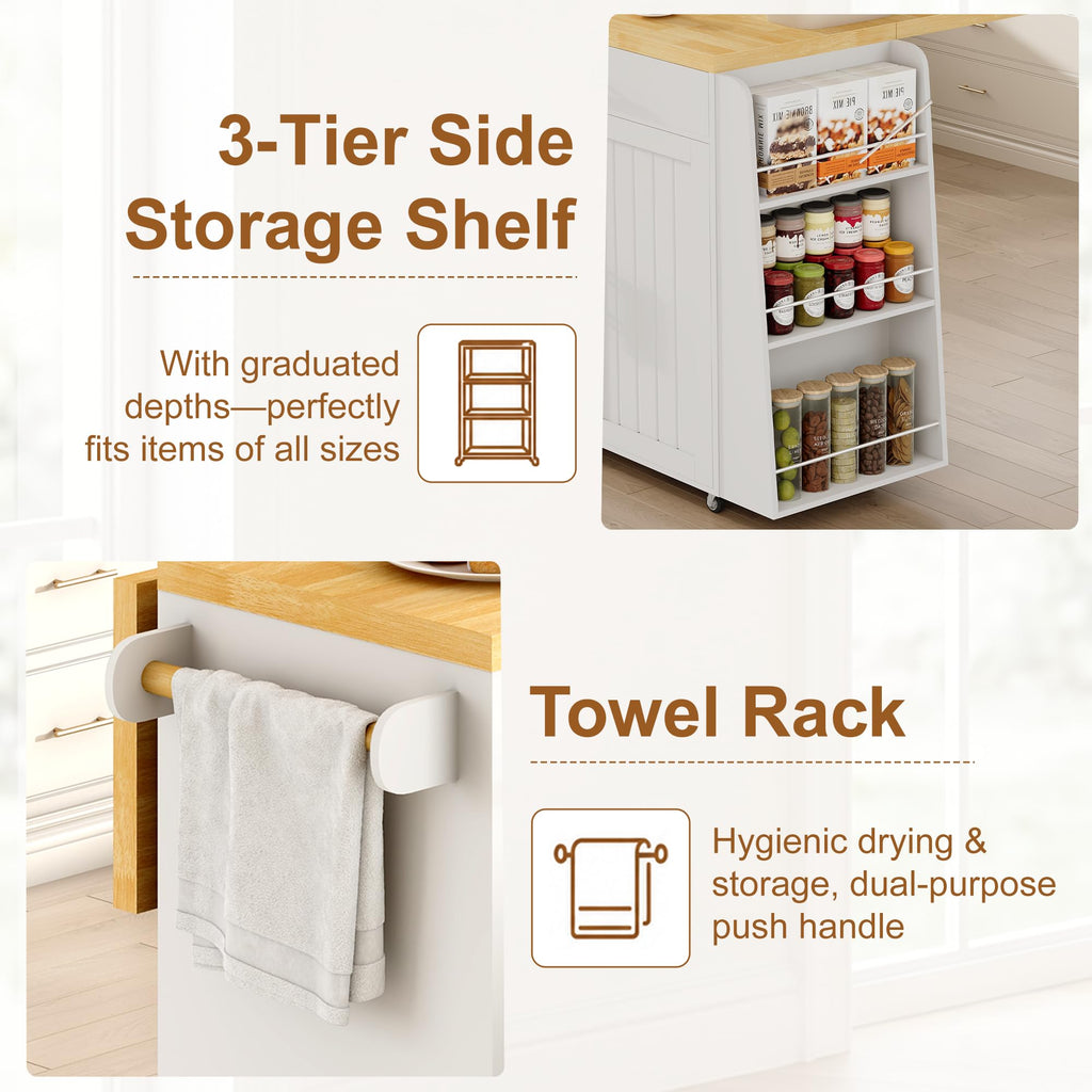 65" Kitchen Island with Drop Leaf, Rolling Island with Spice Rack & Towel Rack, Mobile Kitchen Island Cart with 2 Draws & Trash Storage Cabinet, Portable Island Table on Wheels for Kitchen
