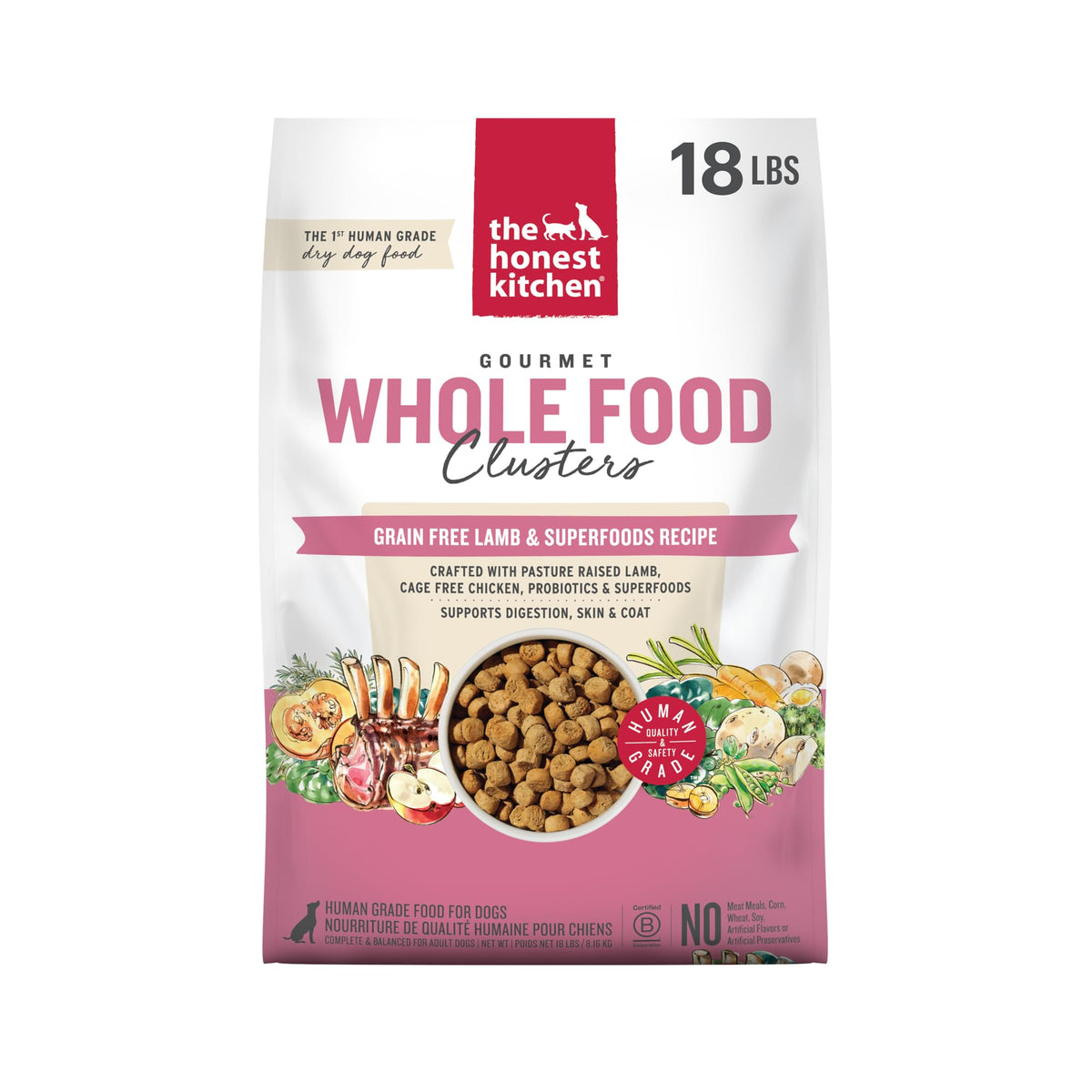 The Honest Kitchen Grain Free Lamb & Superfoods Gourmet Whole Food Clusters, Human Grade Dry Dog Food for Adult Dogs, Vet-Recommended Nutritional Support for Skin, Coat & Digestion, 18 lb Bag