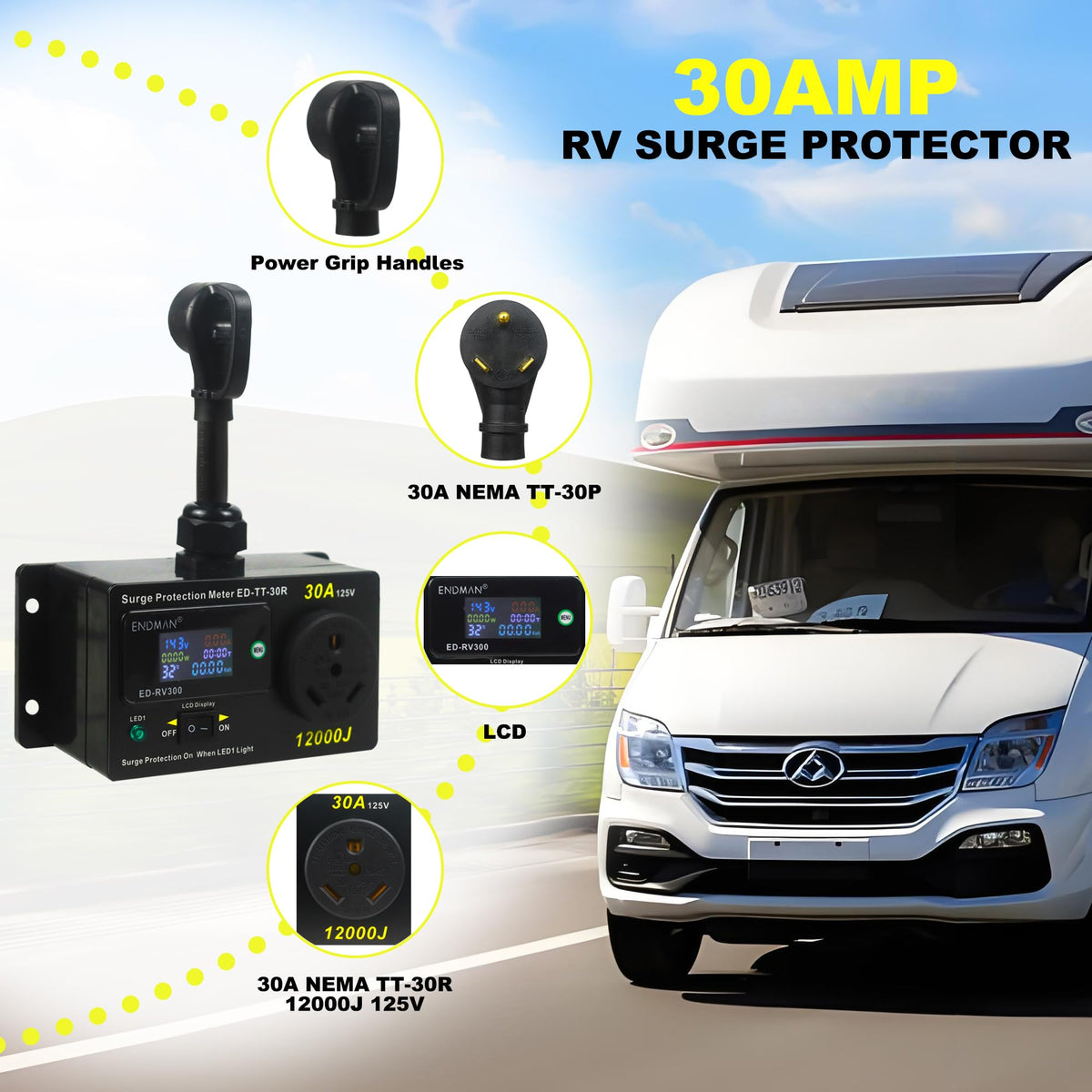 RV 30 Amp Surge Protector with Power Meter 12000 Joules NEMA TT-30P