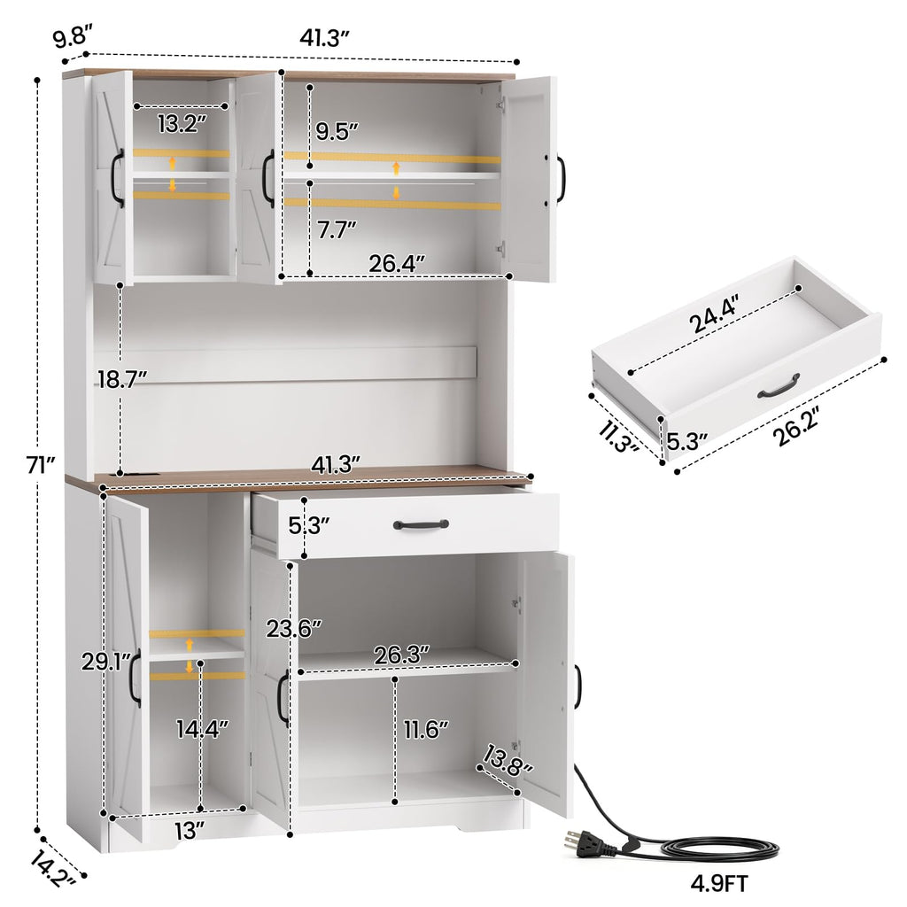 71" Pantry Cabinet with Charging Station, Large Capacity Kitchen Hutch Storage Cabinet, Kitchen Cabinet with Microwave Stand, Storage Drawers & Adjustable Shelves for Dining Room, White