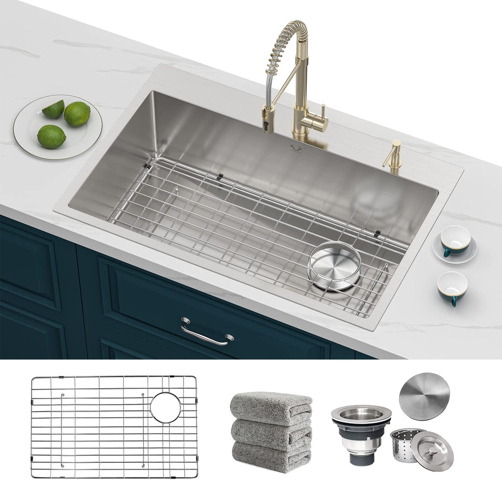 Kitchen Sinks 32x18 Inch Undermount Kitchen Sink Stainless Steel Sink 16 Gauge Single Bowl Set (5 Item Bundle: Sink, Bottom Grid, Drain Assembly, Drain Cap, Towel)