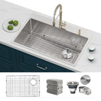 Kitchen Sinks 32x18 Inch Undermount Kitchen Sink Stainless Steel Sink 16 Gauge Single Bowl Set (5 Item Bundle: Sink, Bottom Grid, Drain Assembly, Drain Cap, Towel)