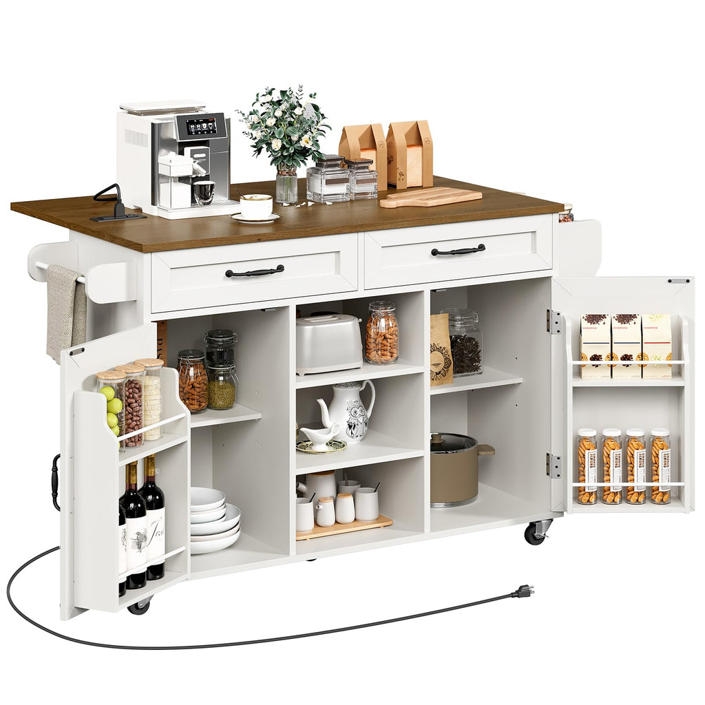 Kitchen Island with Power Outlets & Drop Leaf, Kitchen Cart with Storage, Drawer and Spice Rack, Tower Rack, Island Table, Black and Rustic Brown