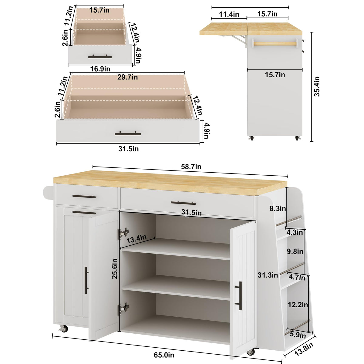 65" Kitchen Island with Drop Leaf, Rolling Island with Spice Rack & Towel Rack, Mobile Kitchen Island Cart with 2 Draws & Trash Storage Cabinet, Portable Island Table on Wheels for Kitchen