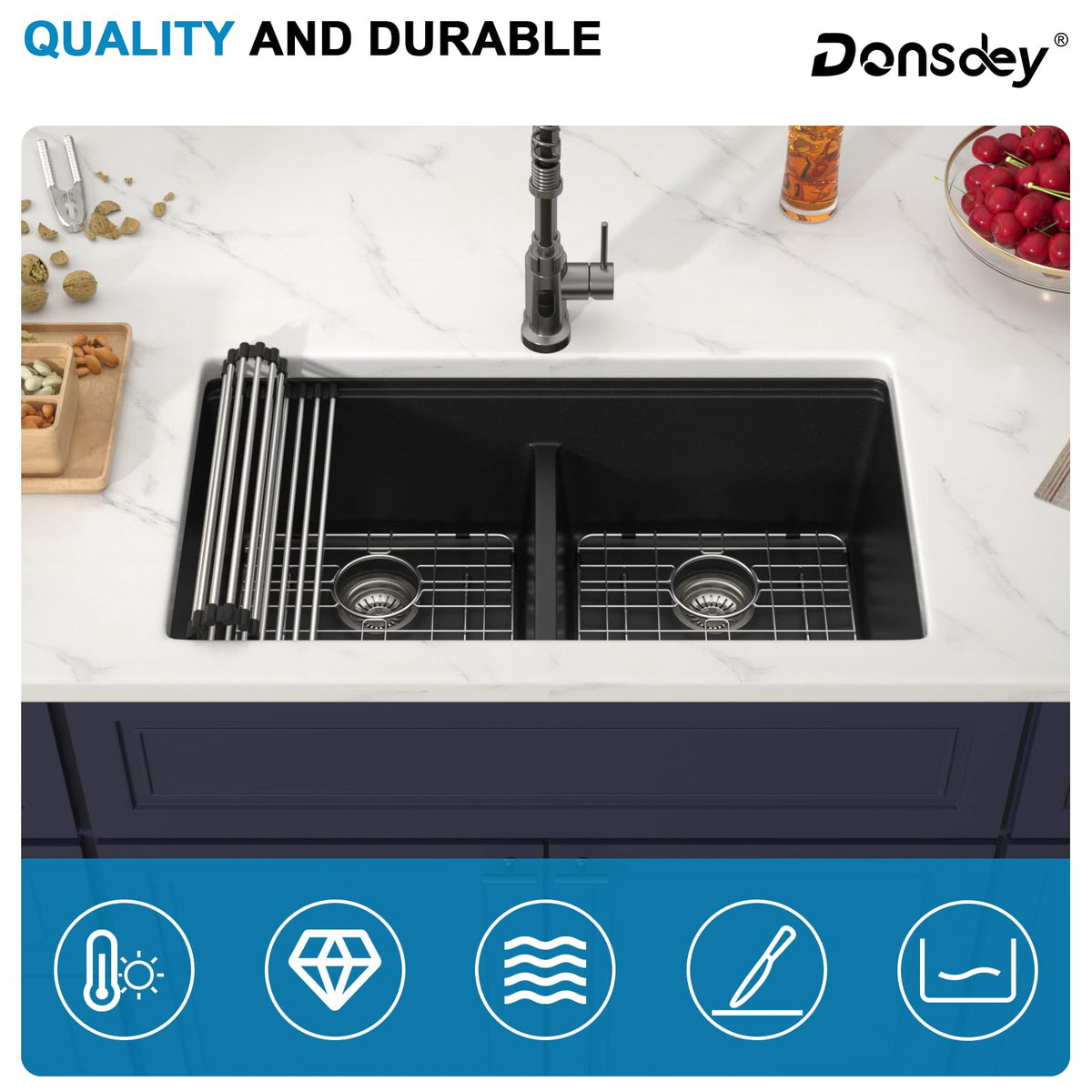 33 Inch Black Undermount Granite Composite Kitchen Sink- Under Counter Quartz Double Bowl Workstation Sinks with Accessories Quick Drain Noise Reduction Classic Style