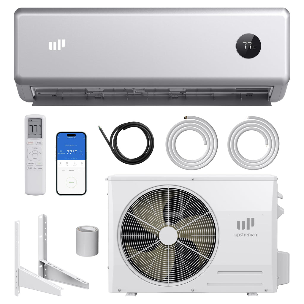 Upstreman 12000 BTU Mini Split AC/Heating System, 230V Silver Mini Split Air Conditioner, 20 SEER2 Ductless Split AC, Energy Efficient Inverter, WiFi Control, with Mounting Bracket, Up to 750 Sq.Ft