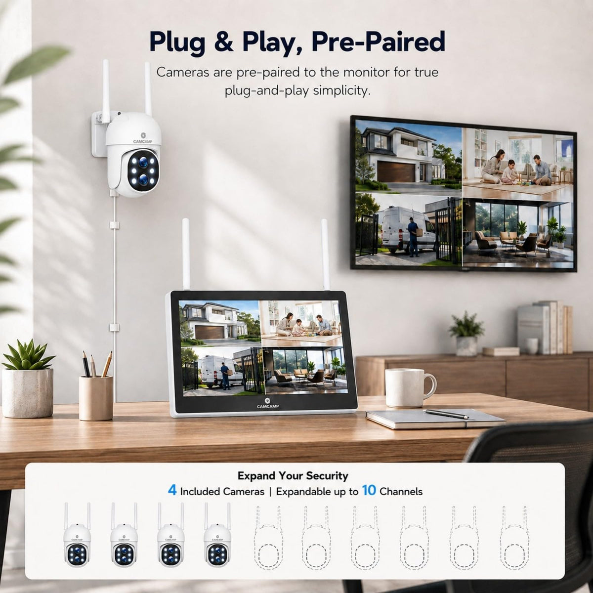 Camcamp Wireless Security Camera System with Monitor, PTZ Plug-in Outdoor