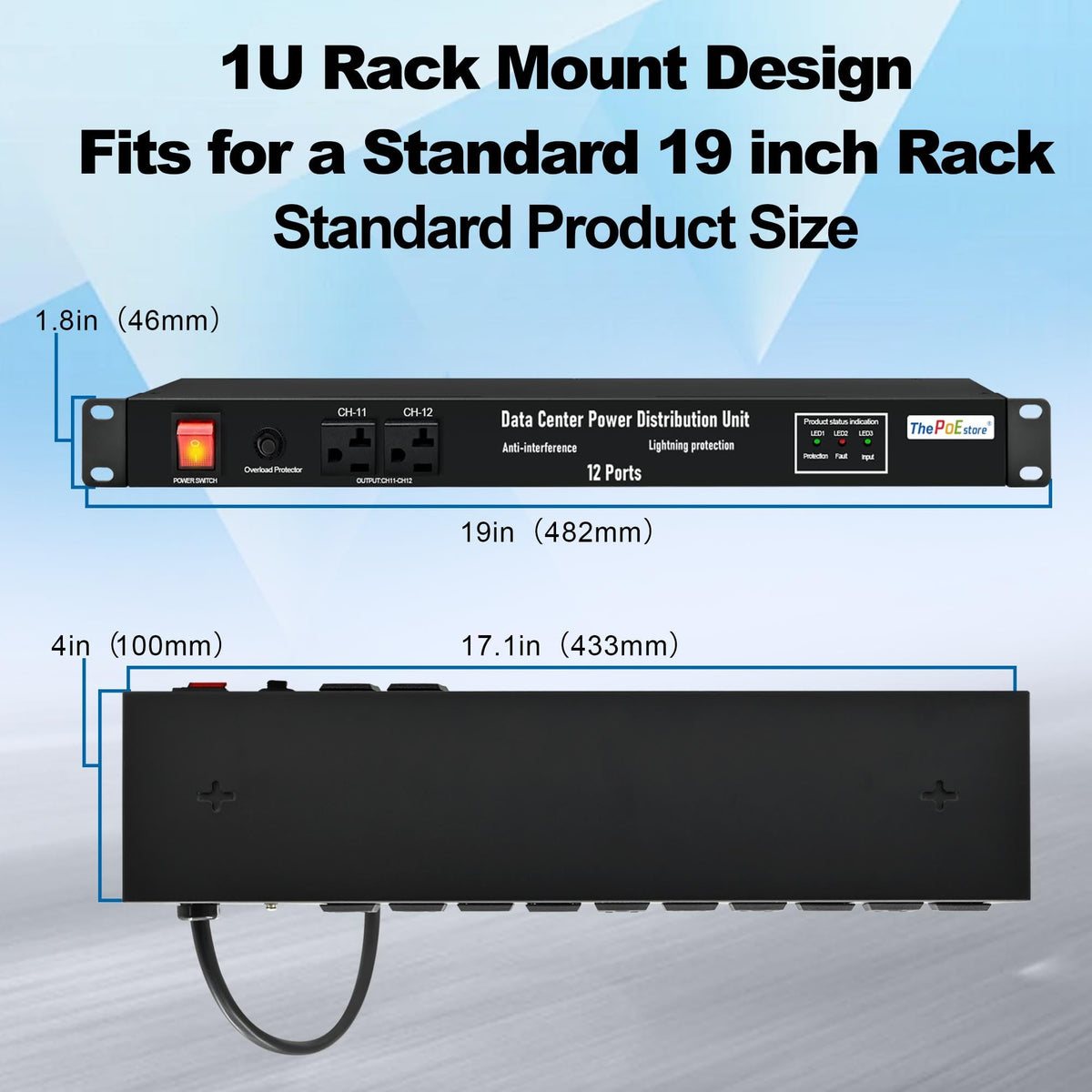 1U Horizontal PDU 19" Rack Mount Power Strip