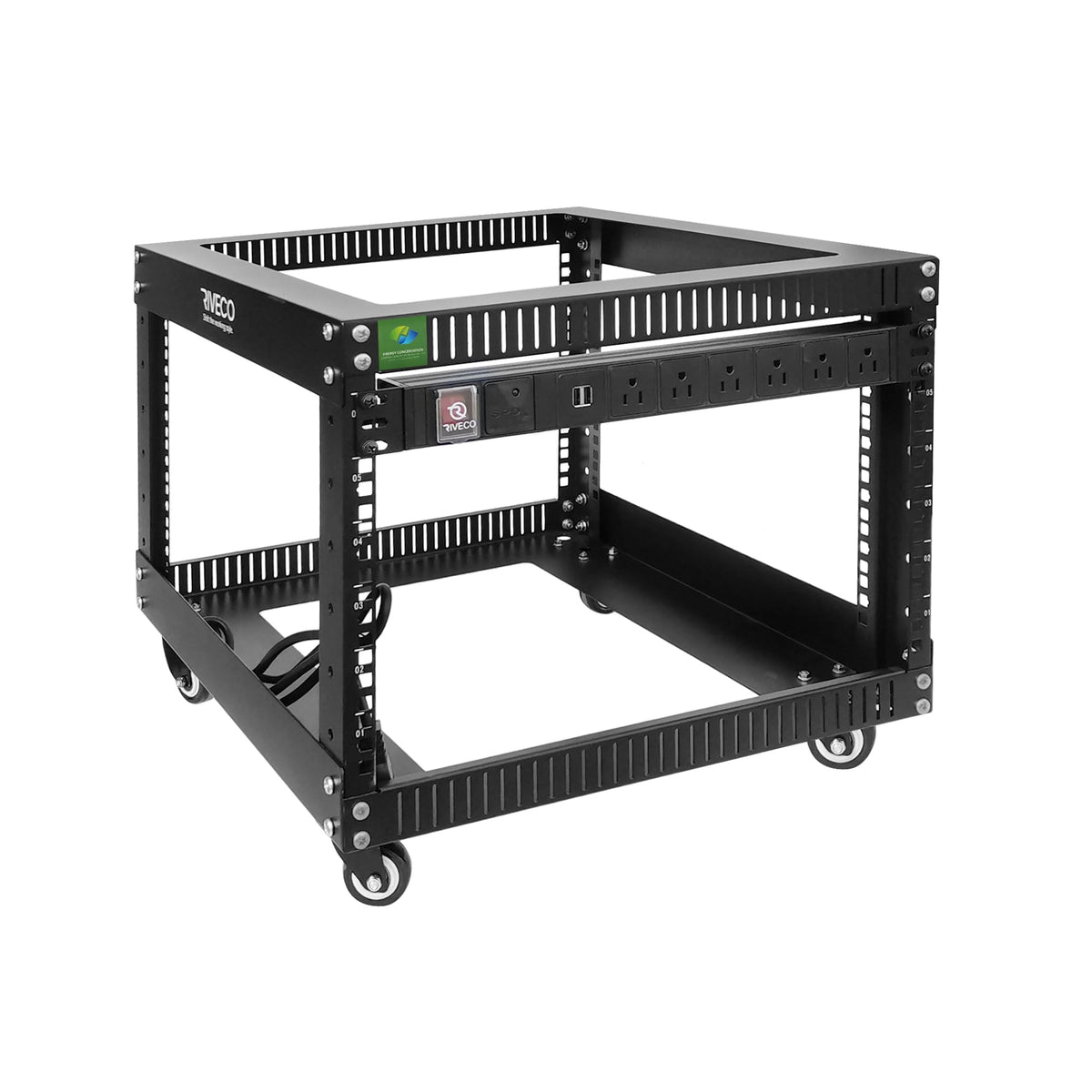 22U Open Frame Server Rack with Brake Casters +19" Rail Mounting PDU (8 Outlets) Power Strip with Surge Protector + 2PCS Rack Shelves Cantilever Tray Set Black