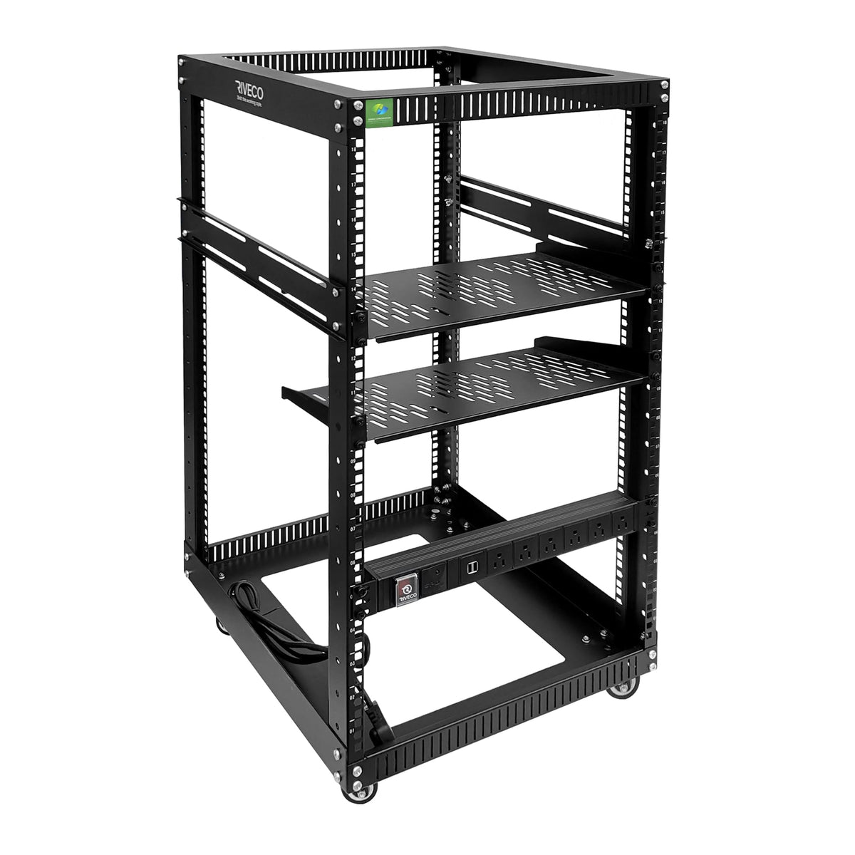 22U Open Frame Server Rack with Brake Casters +19" Rail Mounting PDU (8 Outlets) Power Strip with Surge Protector + 2PCS Rack Shelves Cantilever Tray Set Black