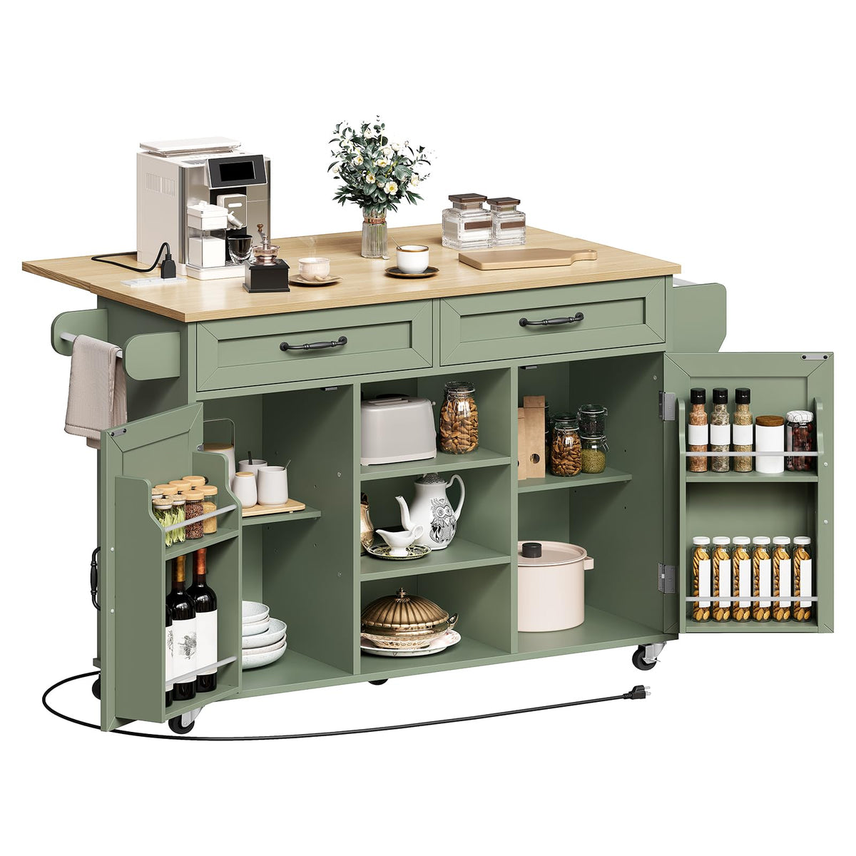 Kitchen Island with Power Outlets & Drop Leaf, Kitchen Cart with Storage, Drawer and Spice Rack, Tower Rack, Island Table, Black and Rustic Brown