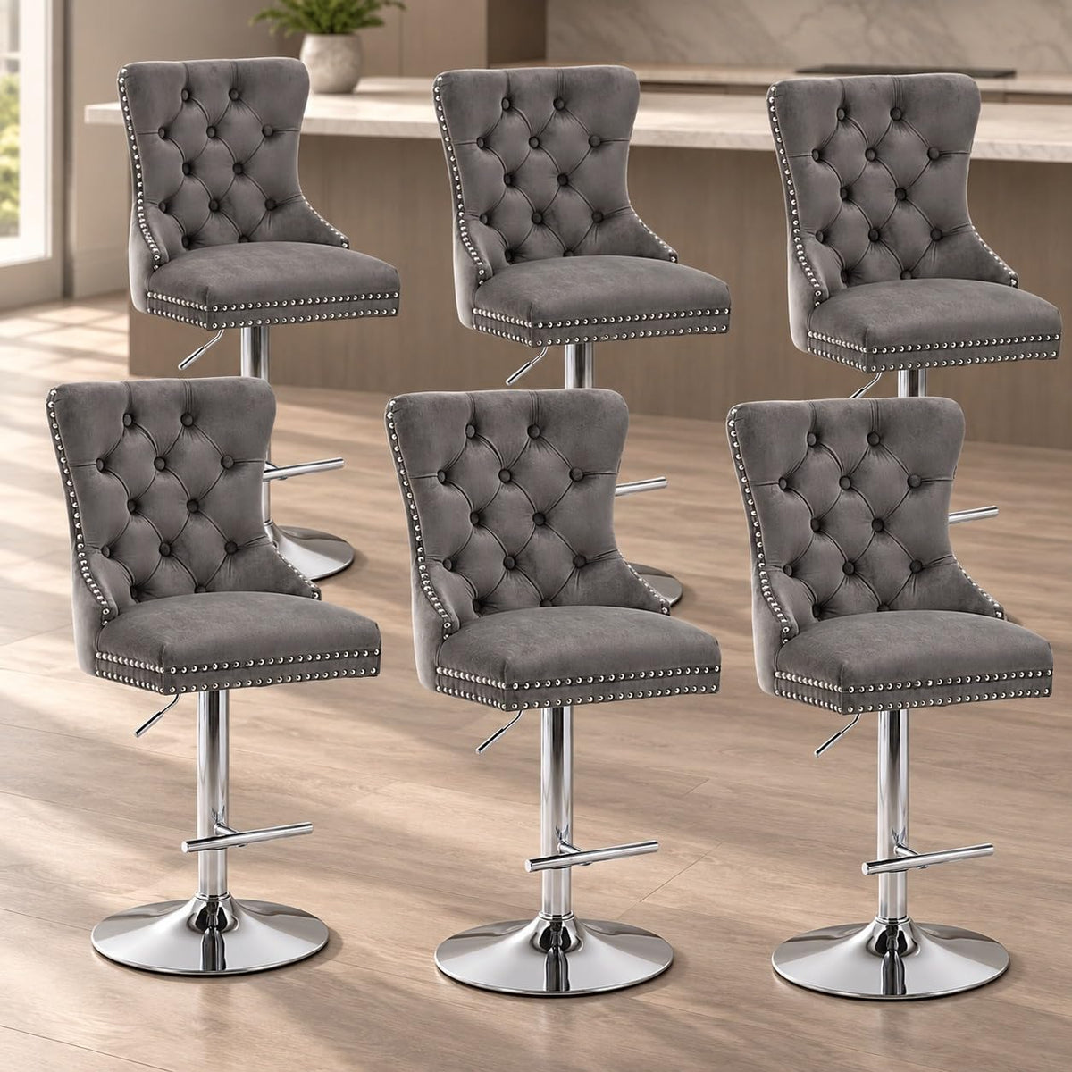Velvet Swivel Bar Stools Set of 4, Height Adjustable, Black with Gold Base