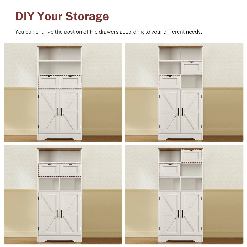 Storage Cabinet with Doors & 2 Drawers, Kitchen Cabinet with Adjustable Shelf, Pantry Cabinets, Bathroom Cabinets, for Living Room, Entryway, Home Office, White