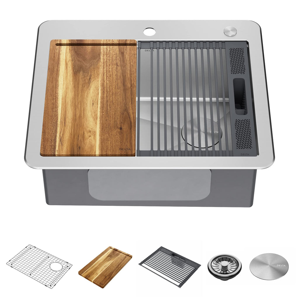 DELTA FAUCET 95A932-33S-SS Lorelai Workstation Kitchen Sink Drop-in Top Mount Stainless Steel Single Bowl with WorkFlow Ledge and Chef’s Kit of 5 Accessories