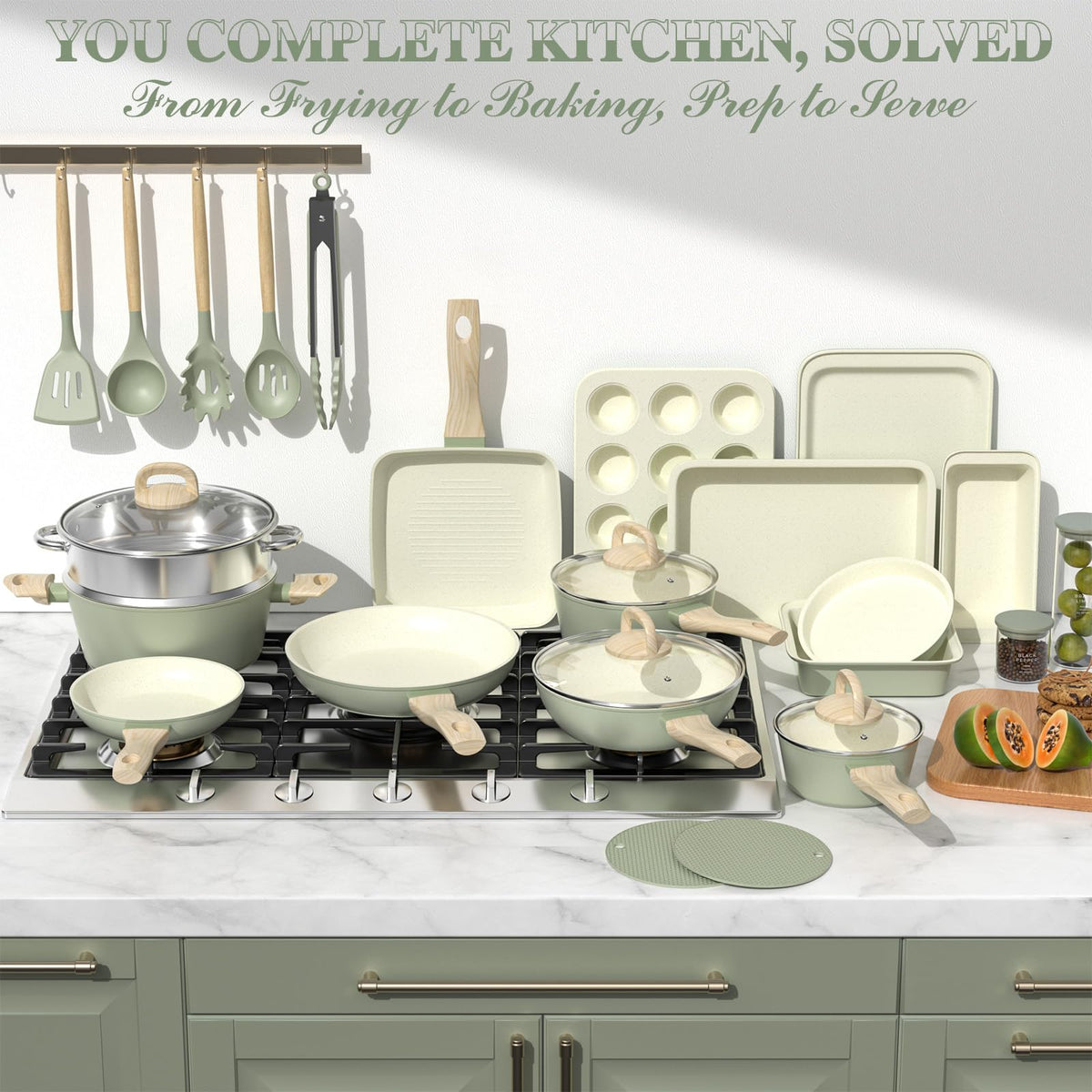 Pots and Pans Set Nonstick, Umite Chef 31-Piece Induction Cookware & Bakeware Set with Frying Pans, Saucepan, Grill Pan, Baking Sheet & Utensils, PFOA-Free Kitchen Starter Set (Sage Green)