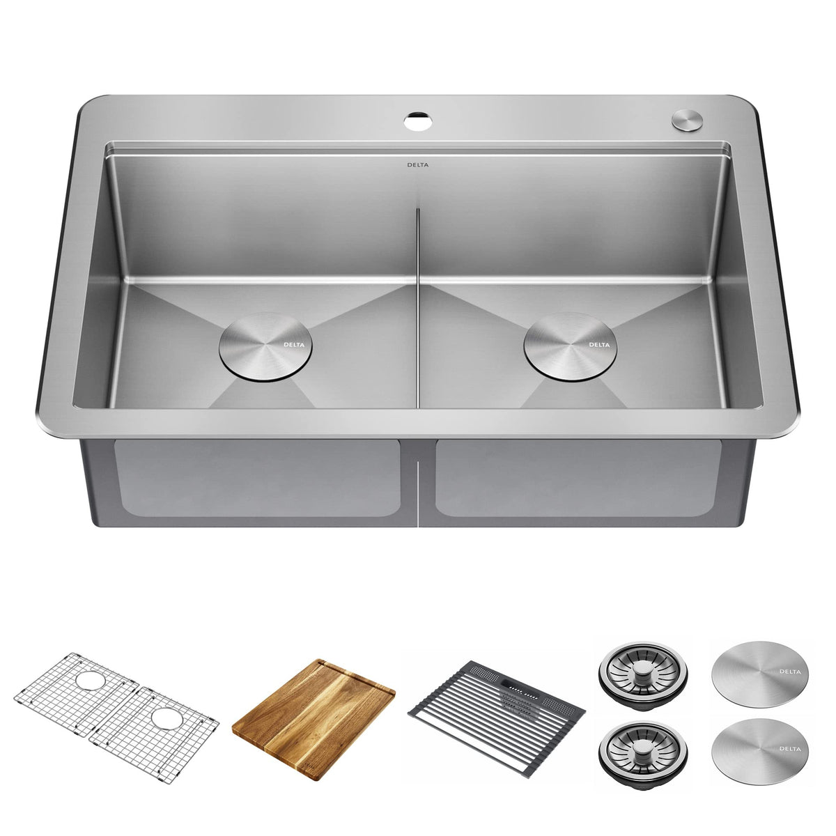 DELTA FAUCET 95A932-33S-SS Lorelai Workstation Kitchen Sink Drop-in Top Mount Stainless Steel Single Bowl with WorkFlow Ledge and Chef’s Kit of 5 Accessories