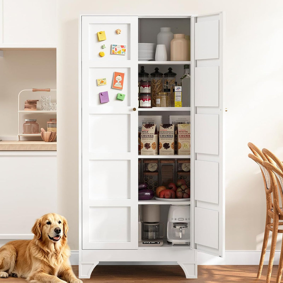 Metal Pantry Storage Cabinets with Doors and Shelves,75" Tall White