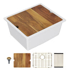 Lordear 18 Inch White Kitchen Sink Granite Composite Undermount Bar Workstation 18x18 White Quartz Sinks Under Counter Single Bowl with Classic Gold Accessories