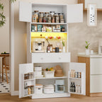 71" Tall Kitchen Pantry Cabinet with Microwave Countertop, LED Lights White