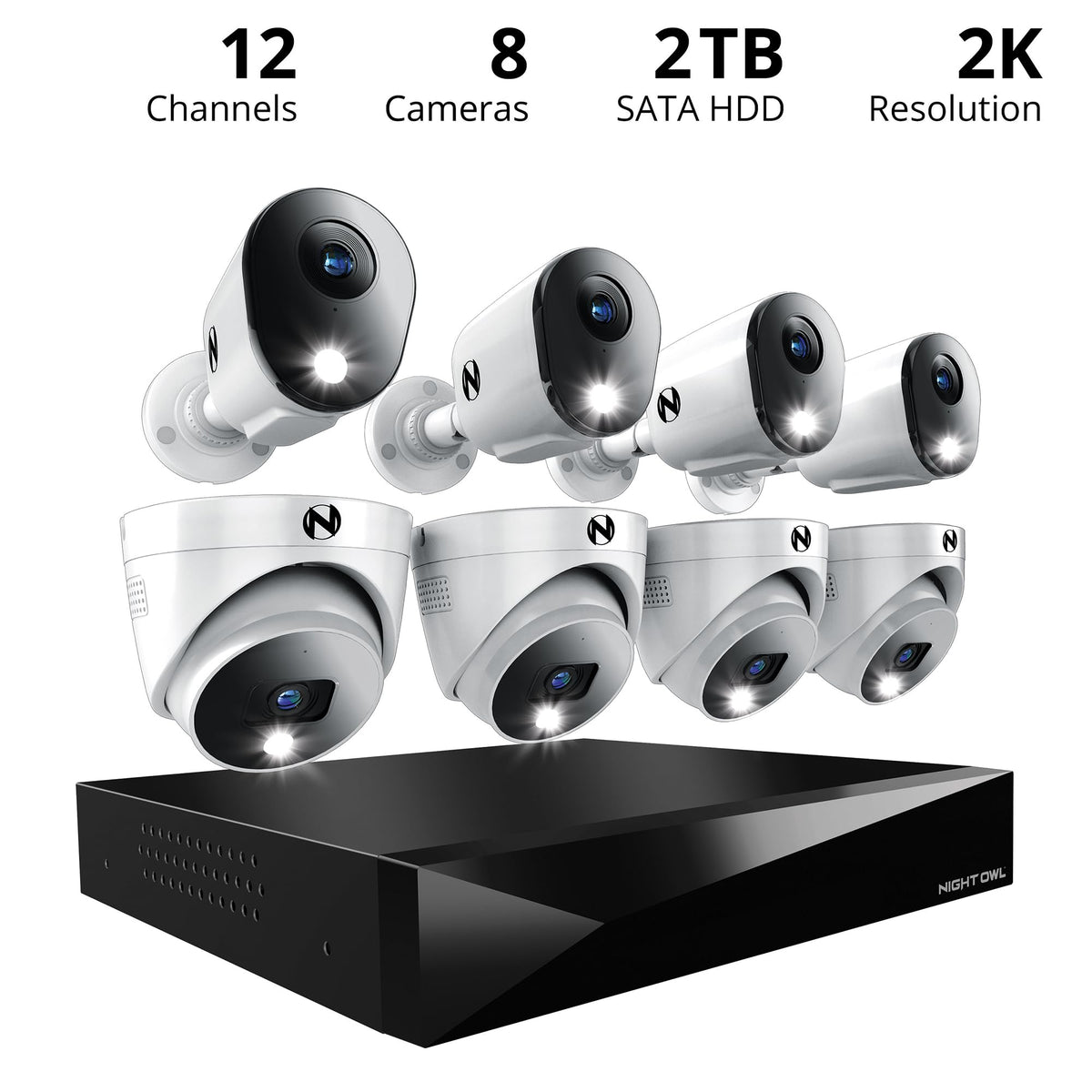 Night Owl 12-Ch Wired DVR System, 8 2K Cams, 2TB HDD, 2-Way Audio