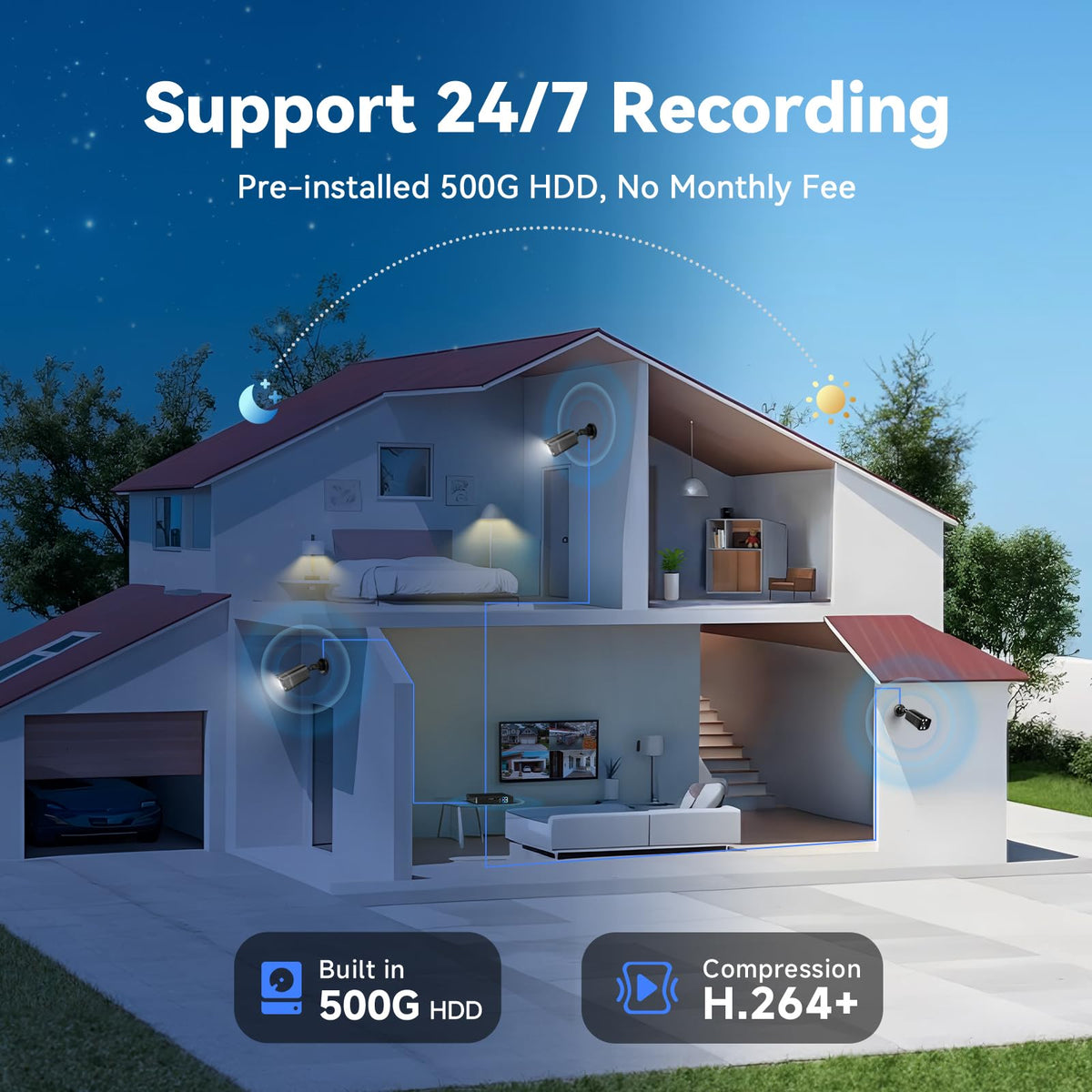 4CH Wired Security Camera System Outdoor,4X 3MP CCTV Camera,500G HDD