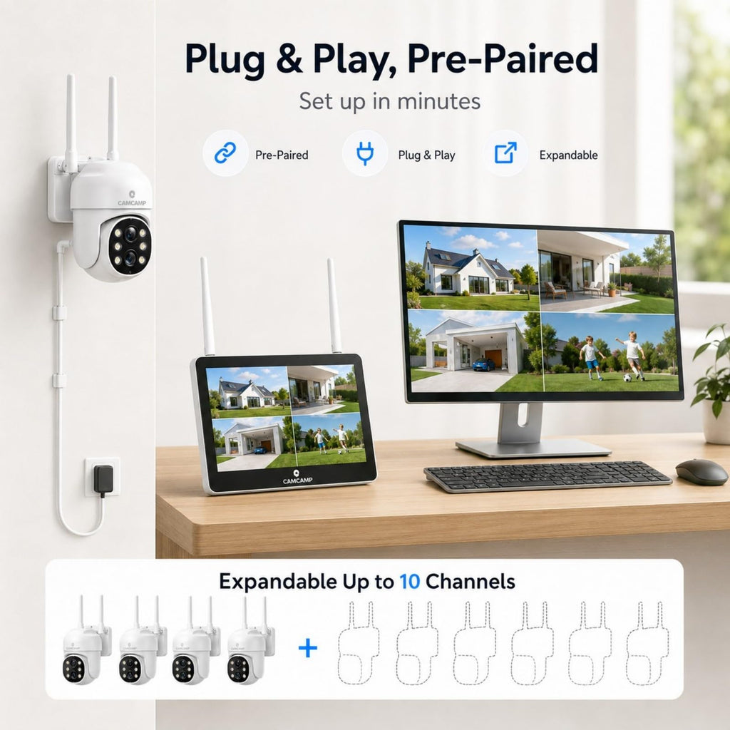 Camcamp Wireless Security Camera System with Monitor, 4 PTZ Outdoor Cameras