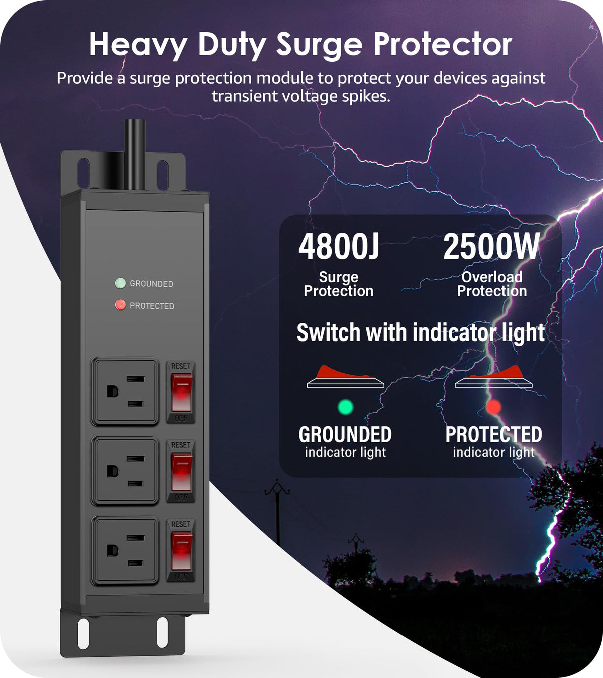 CCCEI 3 Outlets Heavy Duty Surge Protector, 12 Gauge, Black, 4FT, 4