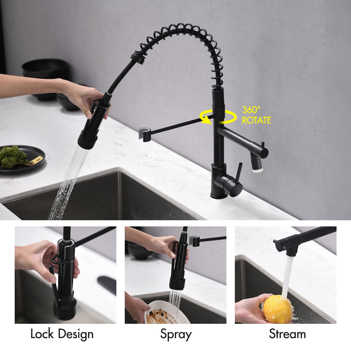 AIMADI Kitchen Faucet with Pull Down Sprayer,Matte Black Spring