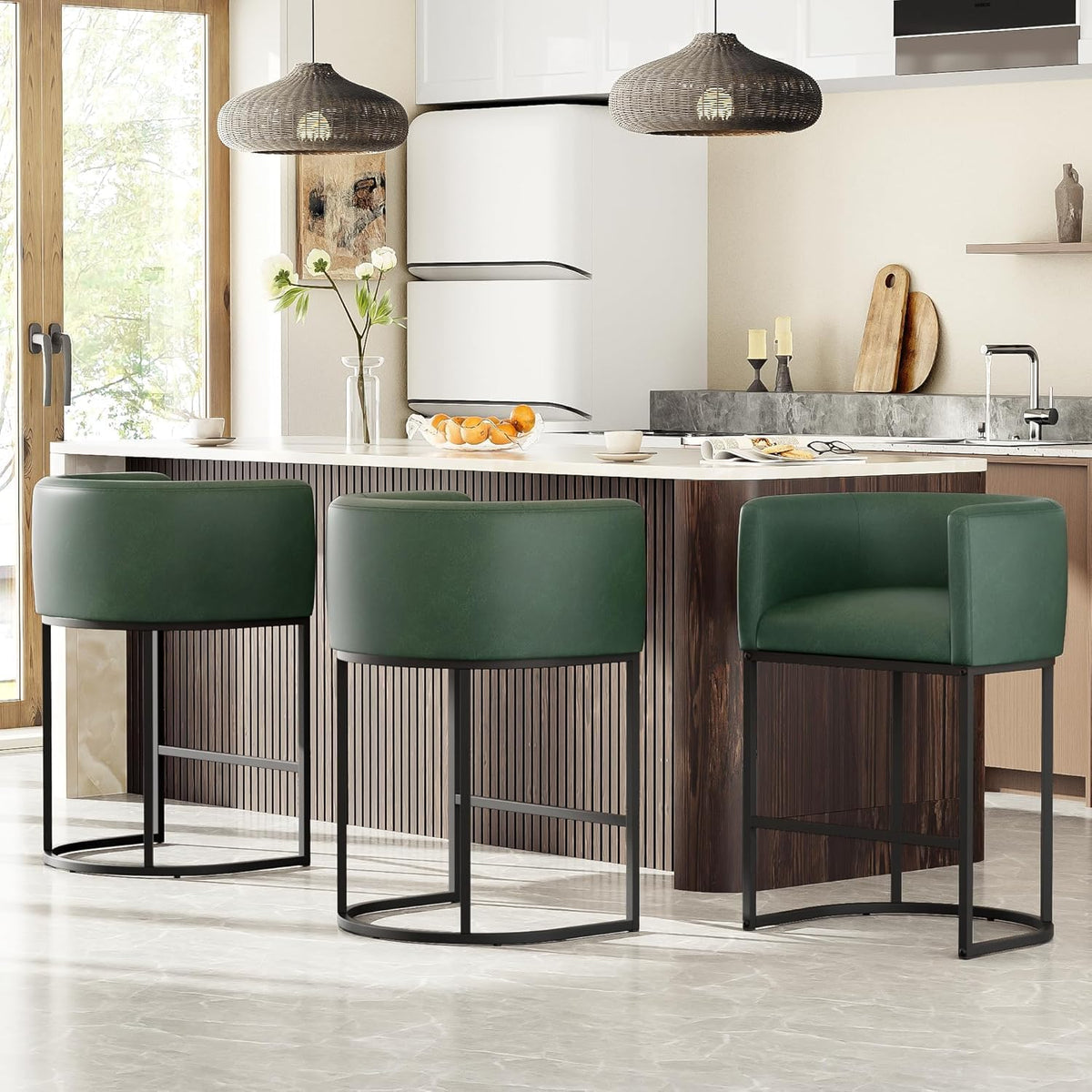 26" H Counter Height Bar Stools Set of 3, Modern Barrel Counter Stools with Backrest and Arms, Linen Fabric Upholstered Accent Barstools for Kitchen Island, Support 450 LBS, Beige