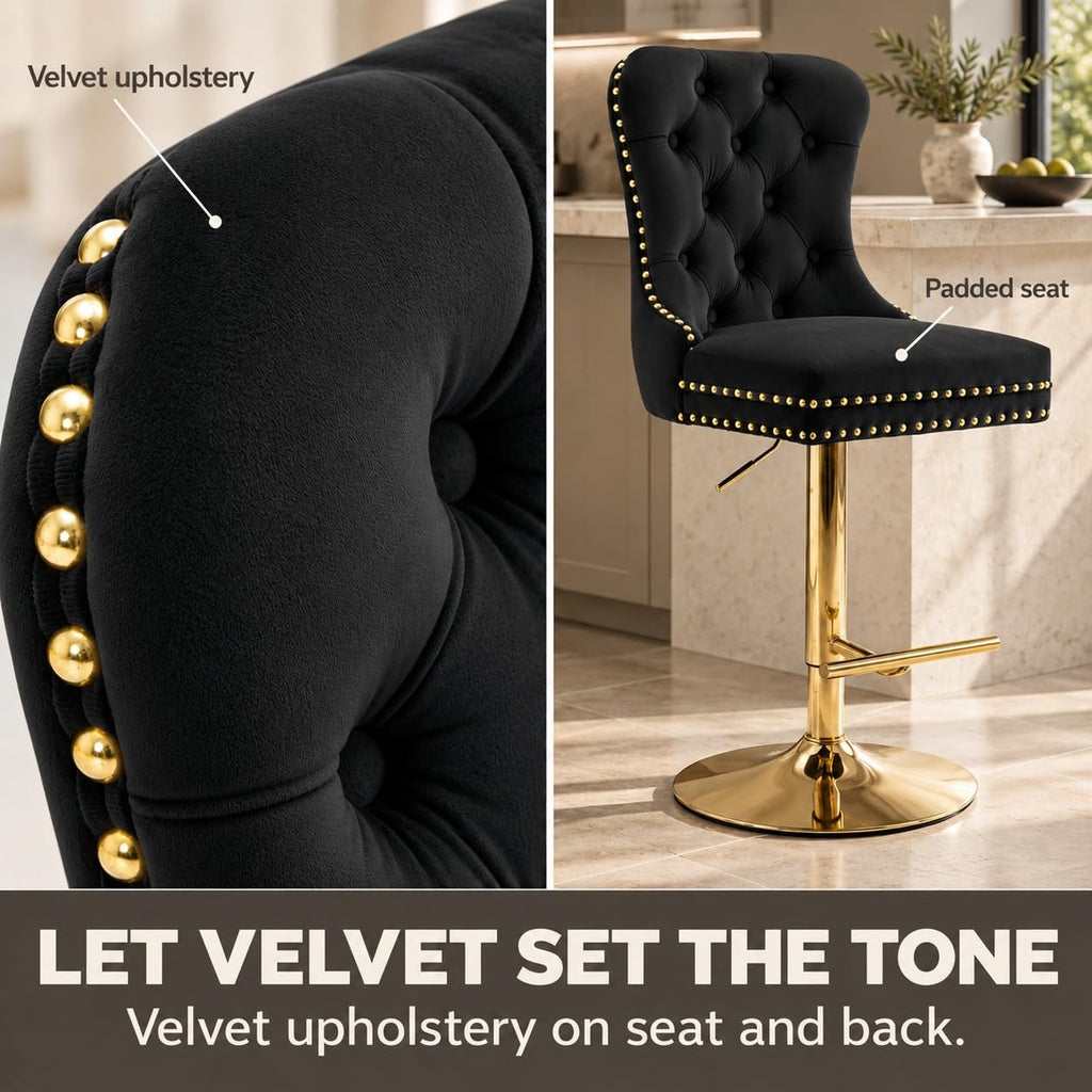 Velvet Swivel Bar Stools Set of 4, Height Adjustable, Black with Gold Base