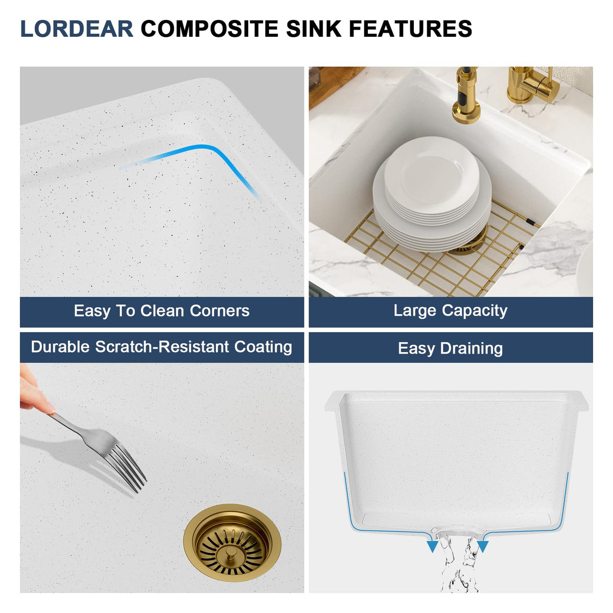 Lordear 18 Inch White Kitchen Sink Granite Composite Undermount Bar Workstation 18x18 White Quartz Sinks Under Counter Single Bowl with Classic Gold Accessories