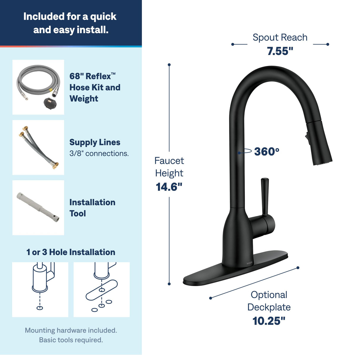 Moen Adler Matte Black One-Handle High Arc Kitchen Sink Faucet with Power Clean, Modern Kitchen Faucet with Pull Down Sprayer, 87233BL