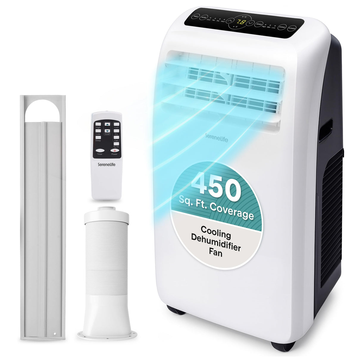 SereneLife 14000 BTU Portable Inverter Air Conditioner, 115V Smart Cooling & Heating with WiFi, Energy Efficient, For Bedrooms, Living Spaces & Offices, 650 Sq Ft Coverage, (White)