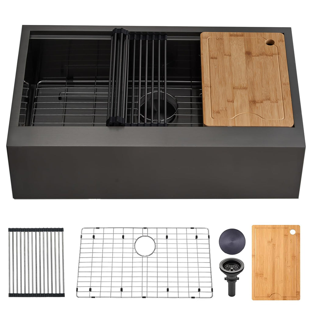 33x22 Black Drop In Kitchen Sink, 33 Inch All In One Topmount Gunmetal Black Stainless Steel Single Bowl Overmount Double Ledges Workstation Sink with Accessories