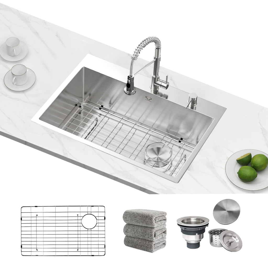 Kitchen Sinks 32x18 Inch Undermount Kitchen Sink Stainless Steel Sink 16 Gauge Single Bowl Set (5 Item Bundle: Sink, Bottom Grid, Drain Assembly, Drain Cap, Towel)